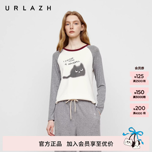 圆领插肩袖 URLAZH有兰秋季 新款 萌趣可爱黑煤球猫咪打底衫 T恤 长袖