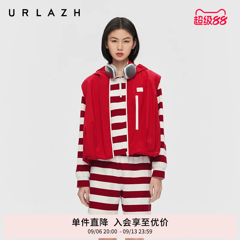 URLAZH有兰春季新款番茄红立领宽松短款无袖运动连帽气球马甲外套