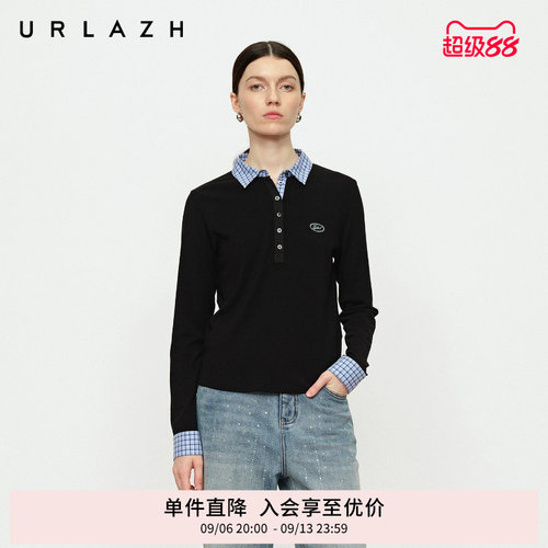 有兰格纹拼接polo打底衫