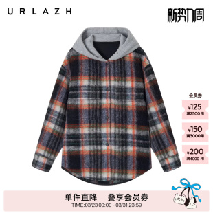 纹拼接羊毛连帽外套 复古学院风格 URLAZH有兰冬季 新款