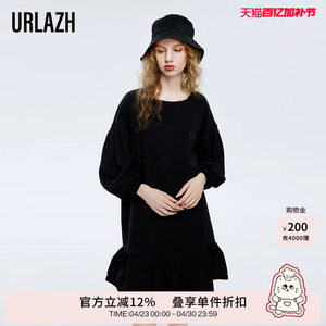URLAZH有兰春秋新款复古洋气黑色优雅气质长袖娃娃连衣裙女