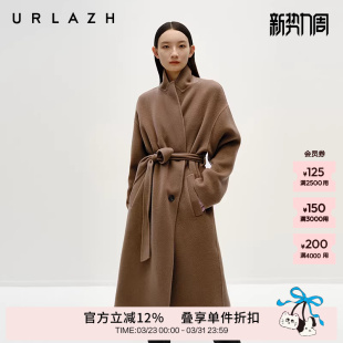 棕色羊毛大衣外套女 复古气质百搭纯色系带长款 URLAZH有兰冬季 新款