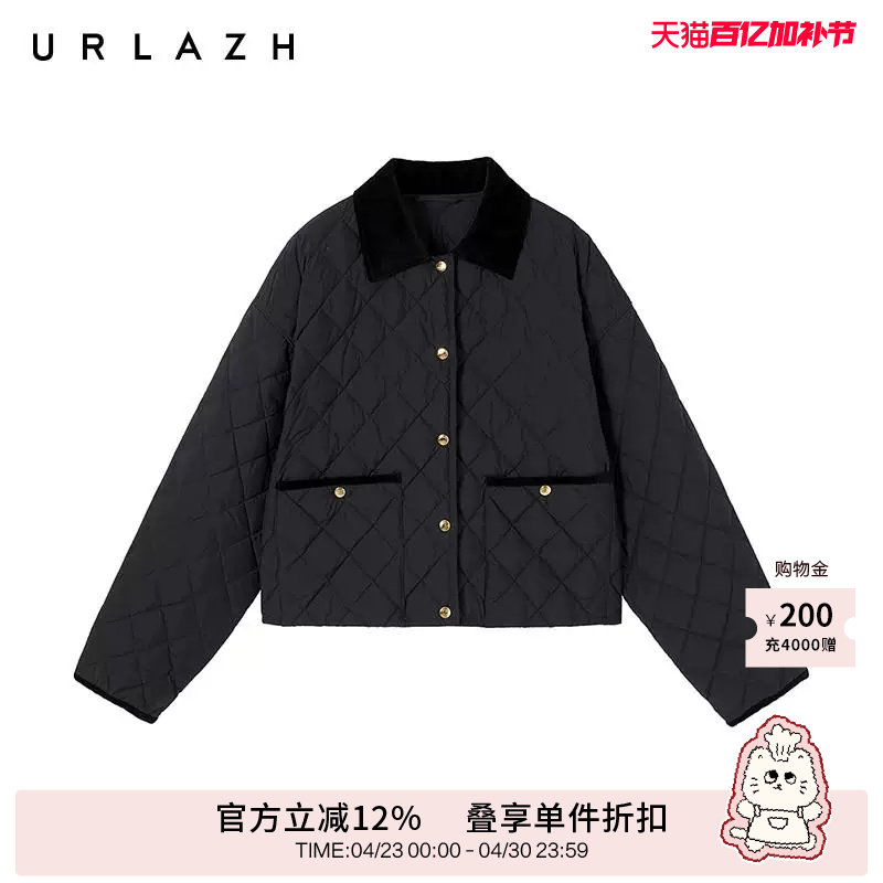 【90%鹅绒】URLAZH有兰秋季新款黑色休闲菱格纹轻薄羽绒服外套女