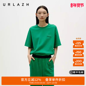 潮感绿灯芯绒拼接圆领休闲宽松减龄短袖 URLAZH有兰冬季 新款 T恤女