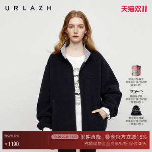 URLAZH有兰秋季新款黑藏青小立领落肩休闲宽松双面摇粒绒夹克外套