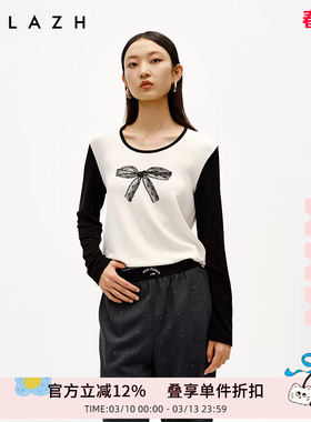 URLAZH有兰冬季新款蕾丝蝴蝶结印花复古宽松圆领休闲长袖T恤上衣