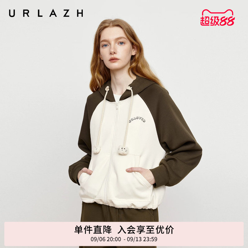 URLAZH有兰秋季新款复古插肩袖萌趣猫咪帽绳巧克力拼色连帽外套女