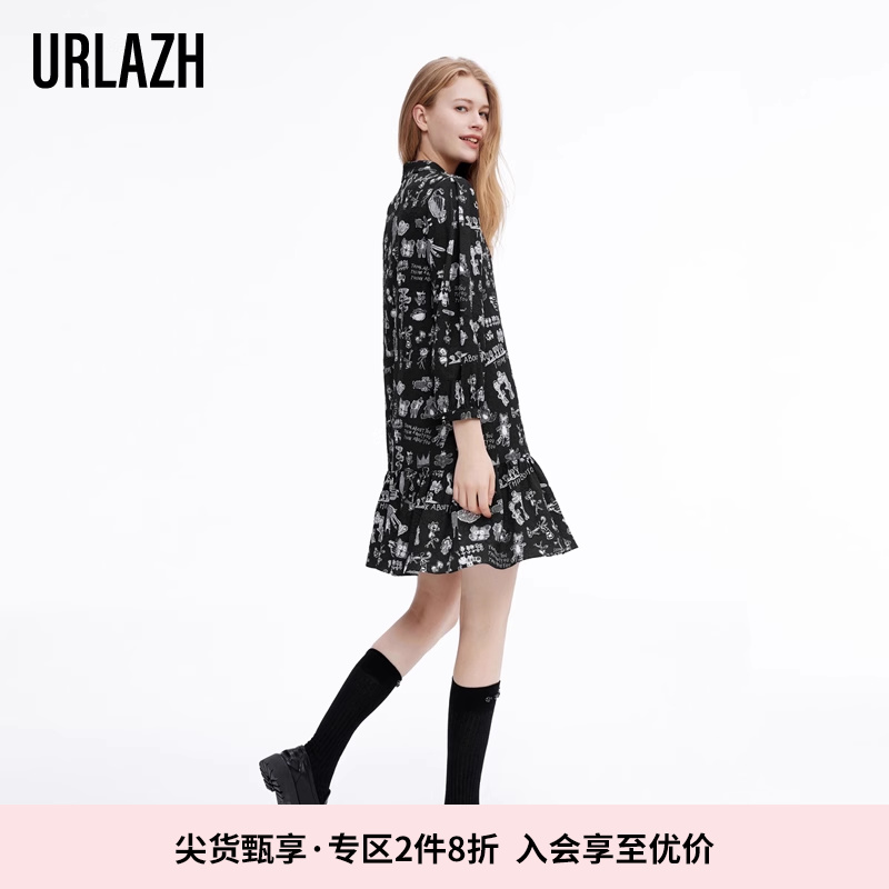 URLAZH有兰春季新款复古气质印花小黑裙轻薄黑色长袖连衣裙女