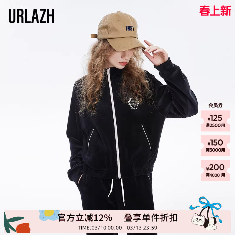 URLAZH有兰春秋新款复古气质黑色短款运动休闲刺绣外套上衣女