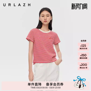 T恤女 复古减龄红白条纹可爱萌趣绣花圆领短袖 URLAZH有兰春季 新款