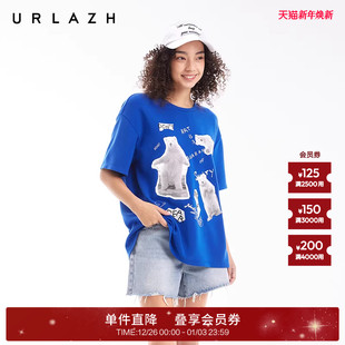T恤女 克莱因蓝复古休闲宽松圆领萌熊印花短袖 URLAZH有兰夏季 新款