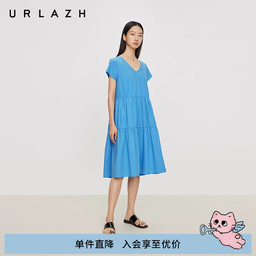 有兰盛夏海盐V领短袖连衣裙