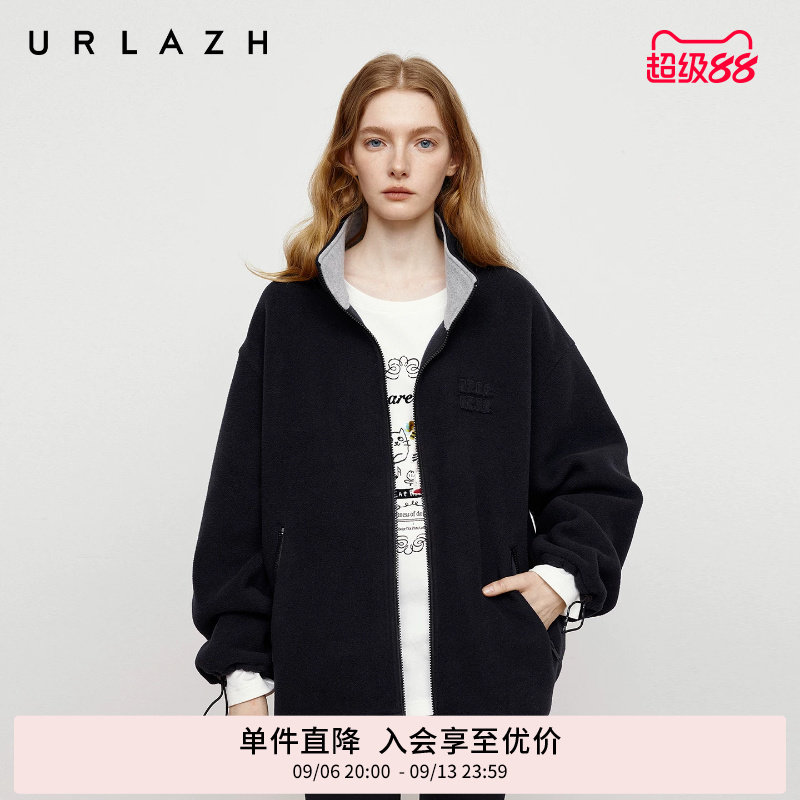 URLAZH有兰秋季新款黑藏青小立领落肩休闲宽松双面摇粒绒夹克外套