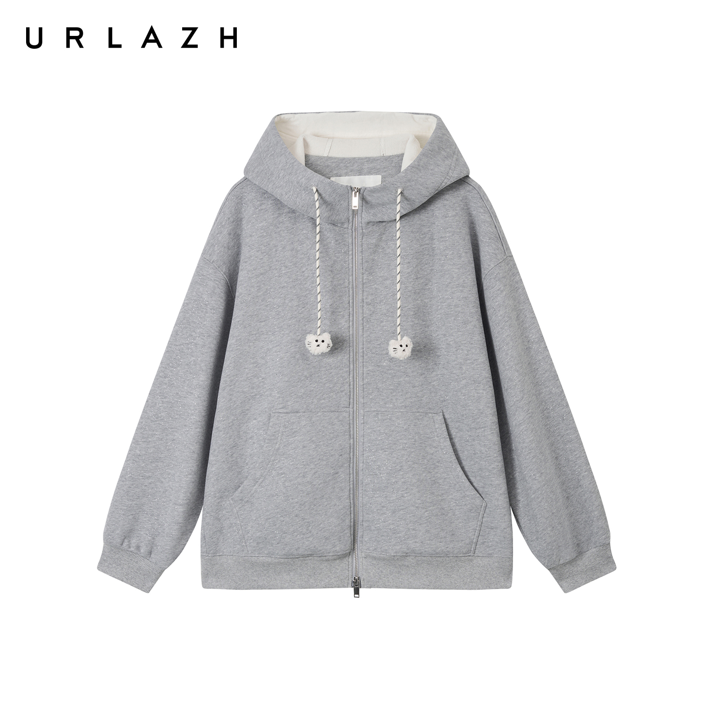 URLAZH有兰2025冬季新款复古夹花灰亮闪闪加绒宽松落肩连帽外套女