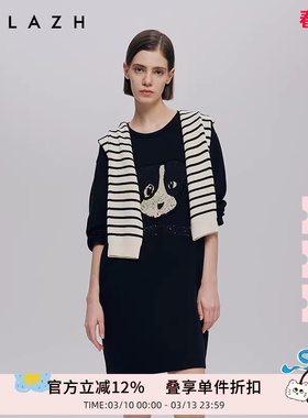 URLAZH有兰秋季新款简约时尚黑色PUPPY亮片重工圆领休闲连衣裙女