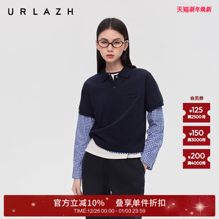 复古格纹拼接假两件长袖 新款 上衣T恤 URLAZH有兰2025秋季 商场同款