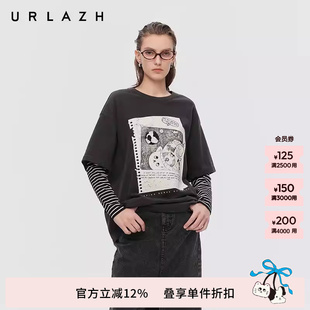 复古风碳灰假两件印花烫钻拼接圆领长袖 T恤女 新款 URLAZH有兰春季