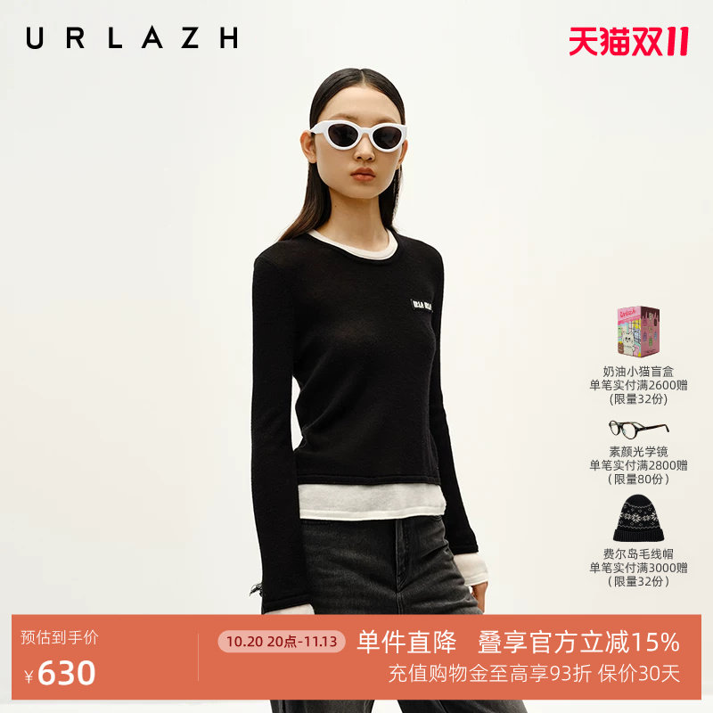 URLAZH有兰冬季新款拼接设计假两件圆领修身羊毛针织衫毛衣打底衫