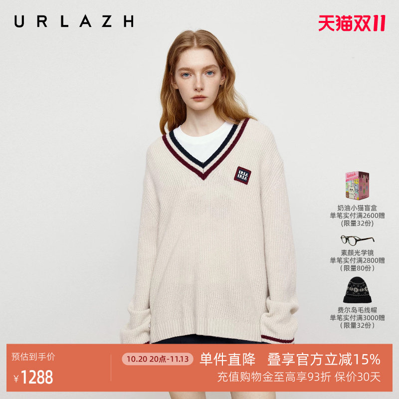 URLAZH有兰秋季新款复古学院风撞色条纹V领落肩宽松毛衣羊毛衫女