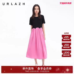 休闲花瓣连衣裙女 度假风黑粉撞色拼接圆领短袖 URLAZH有兰夏季 新款