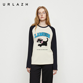 URLAZH有兰2025冬季 T恤女 圆领宽松拼色长袖 新款 萌趣U等等插肩袖
