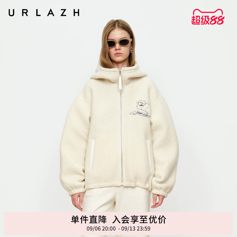URLAZH有兰冬季新款萌趣U等等猫咪减龄羊毛短款连帽大衣毛呢外套