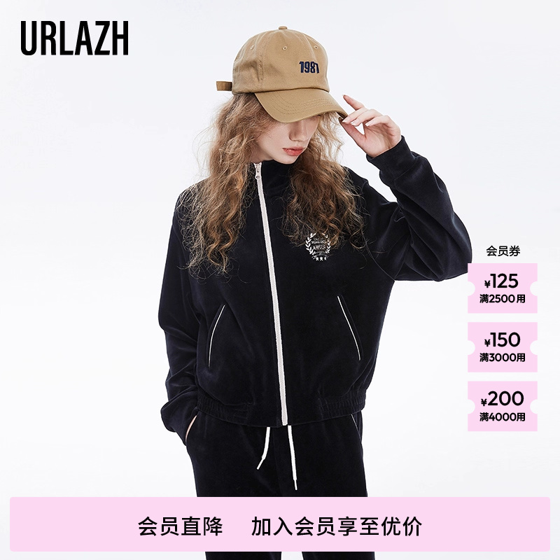 URLAZH有兰春秋新款复古气质黑色短款运动休闲刺绣外套上衣女