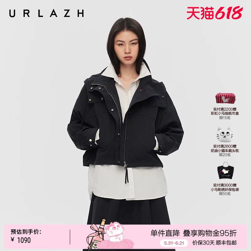 URLAZH有兰春季新款经典黑色休闲宽松斜纹短款落肩连帽风衣外套女