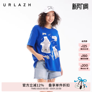 T恤女 克莱因蓝复古休闲宽松圆领萌熊印花短袖 URLAZH有兰夏季 新款