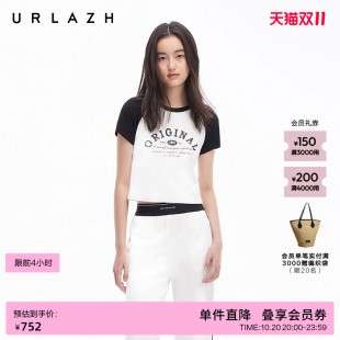 插肩袖 复古风圆领修身 短款 印花美式 T恤女 URLAZH有兰夏季 短袖 新款