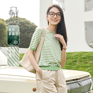 春竹夏季新款天丝桑蚕丝简约百搭条纹针织圆领女短袖T恤上衣