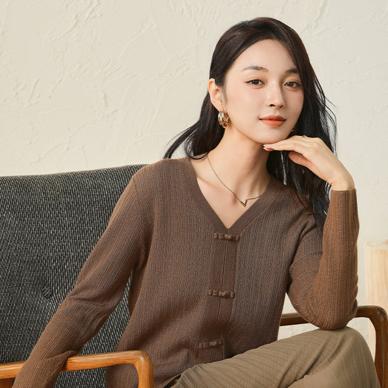 春竹官方/秋冬新款国风新中式V领羊毛女套衫-WSU201320