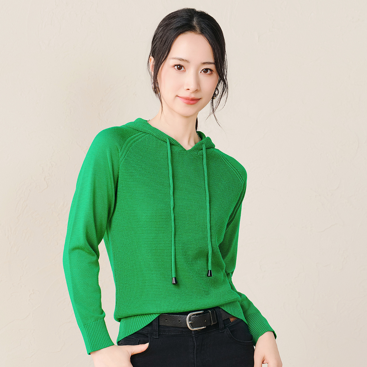 春竹~25秋冬新款羊连帽针织女衫纯色时尚百搭运动休闲显瘦女衫