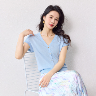 T恤纯色透气休闲女针织开衫 春竹25夏季 V领短袖 新款 桑蚕丝混纺薄款