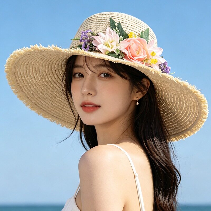 花朵太阳帽草帽女夏天防晒遮阳毛边平顶帽优雅旅游沙滩帽草编帽子