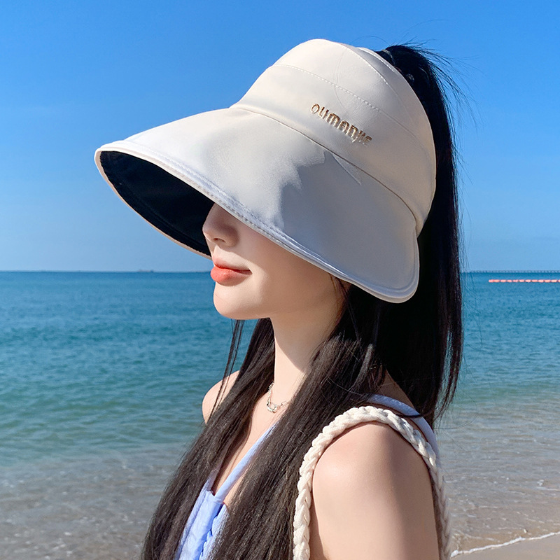 韩版帽子女夏季空顶渔夫帽黑胶渐变色大檐遮脸防紫外线遮阳帽