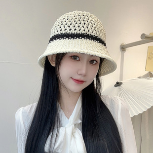 戶(hù)外度假顯臉小漁夫帽 草編帽子春夏女百搭鏤空透氣遮陽(yáng)盆帽韓版