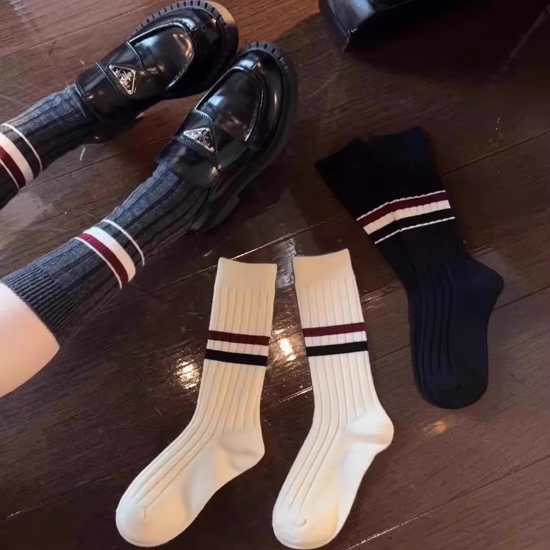 匹克企鹅秋冬袜子女羊毛条纹堆堆袜学院风运动高腰撞色羊绒中筒袜