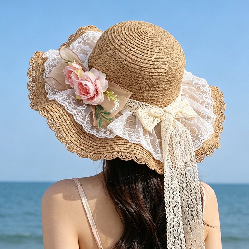 爆款沙滩草帽帽子夏天海边夏季帽檐防晒遮阳遮阳帽度假裙子海边旅