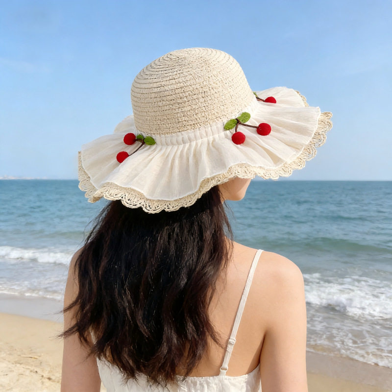 甜美可爱樱桃装饰草帽子女夏季大檐防晒遮阳帽户外海边度假沙滩帽
