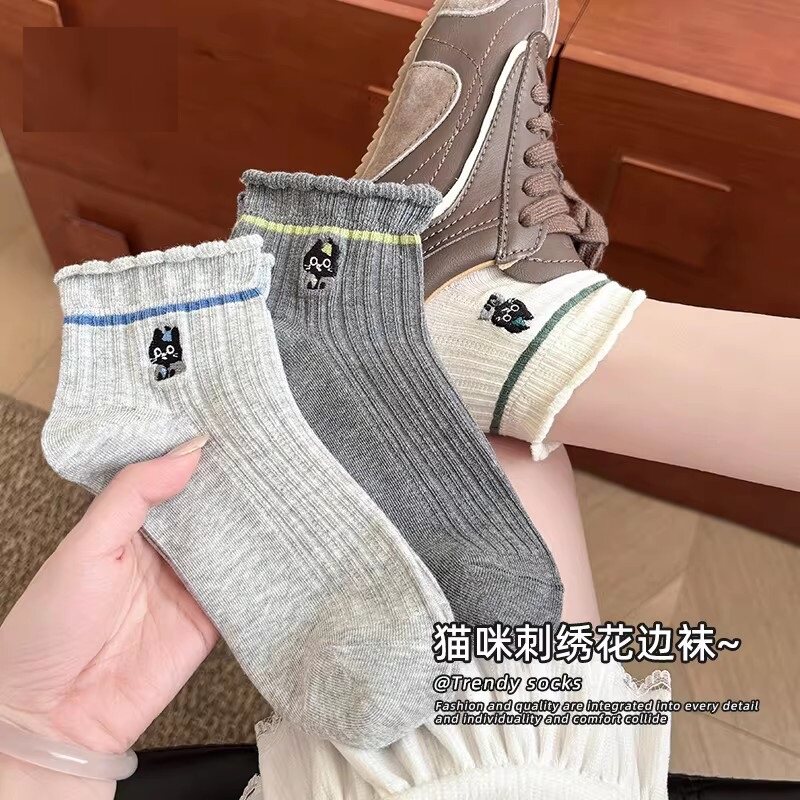 匹克企鹅花边袜子女款刺绣袜子可爱小猫短袜春夏季透气吸汗短筒女