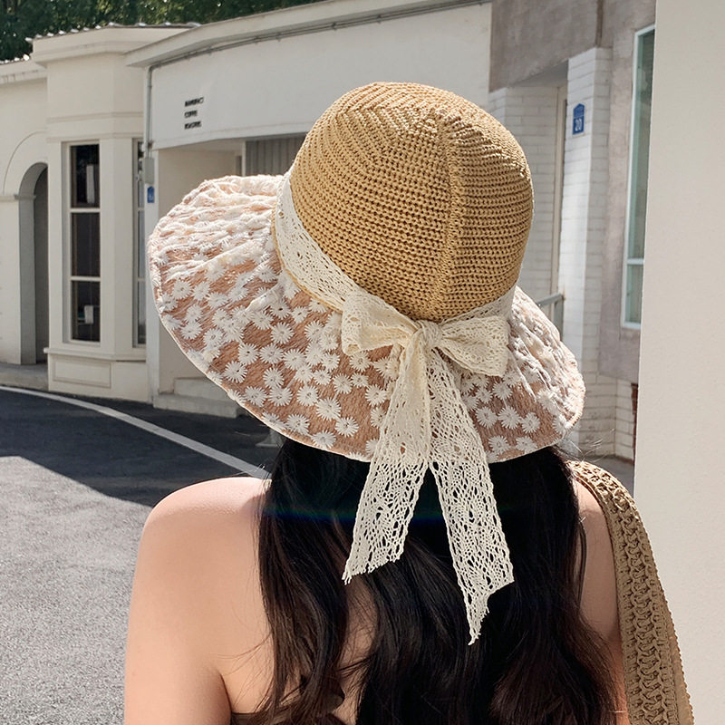 草编蝴蝶结渔夫帽子女夏季韩版大檐遮脸防晒遮阳帽海边度假沙滩帽