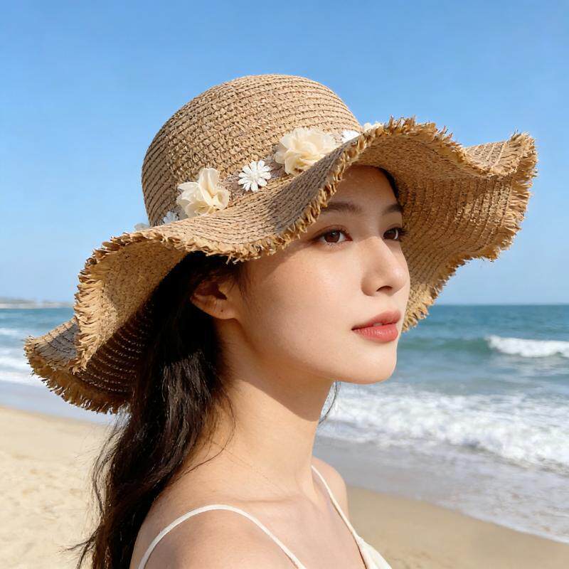 法式波浪大檐花朵草帽子女夏季海边沙滩遮阳防晒帽韩版草编太阳帽