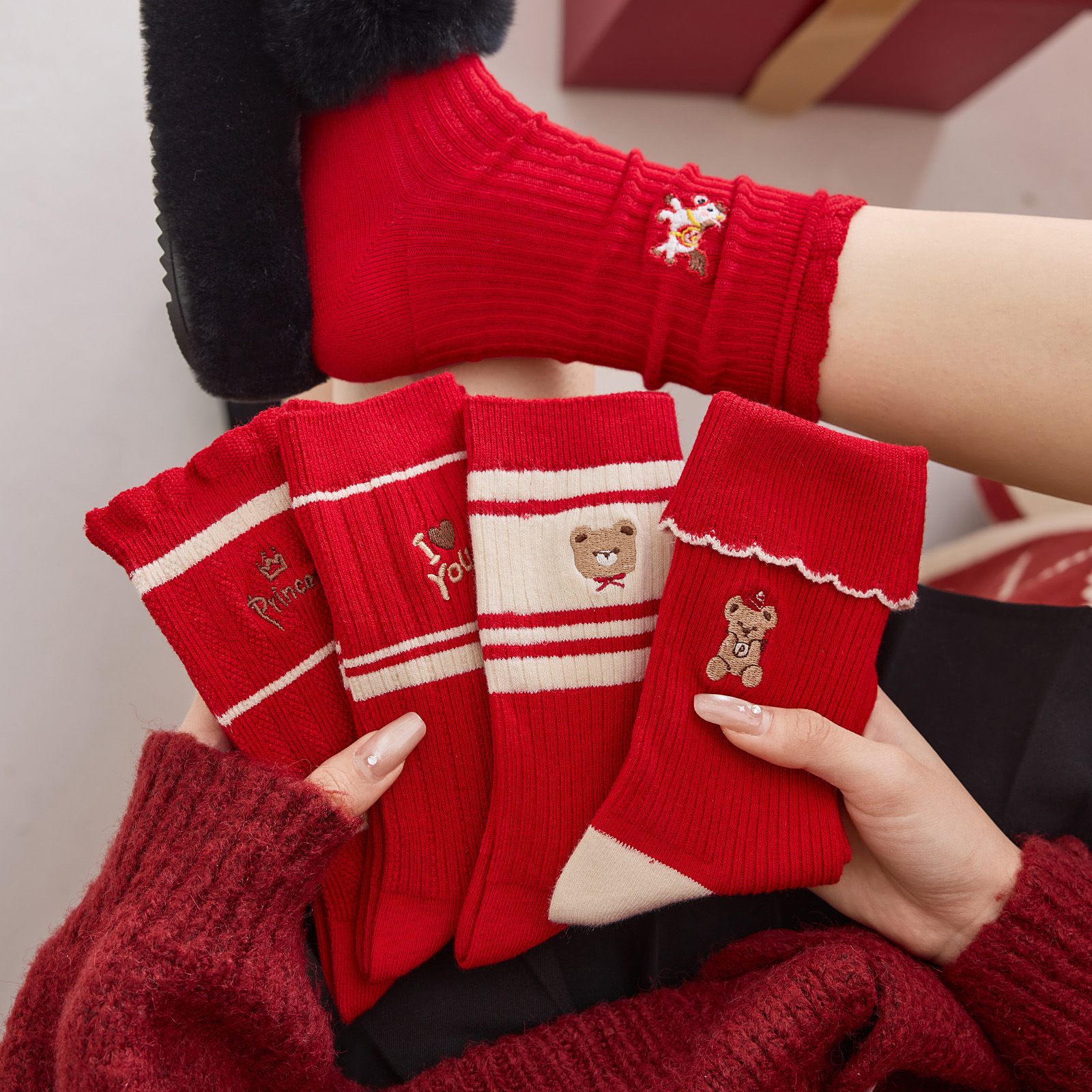 本命年红袜子女中筒袜
