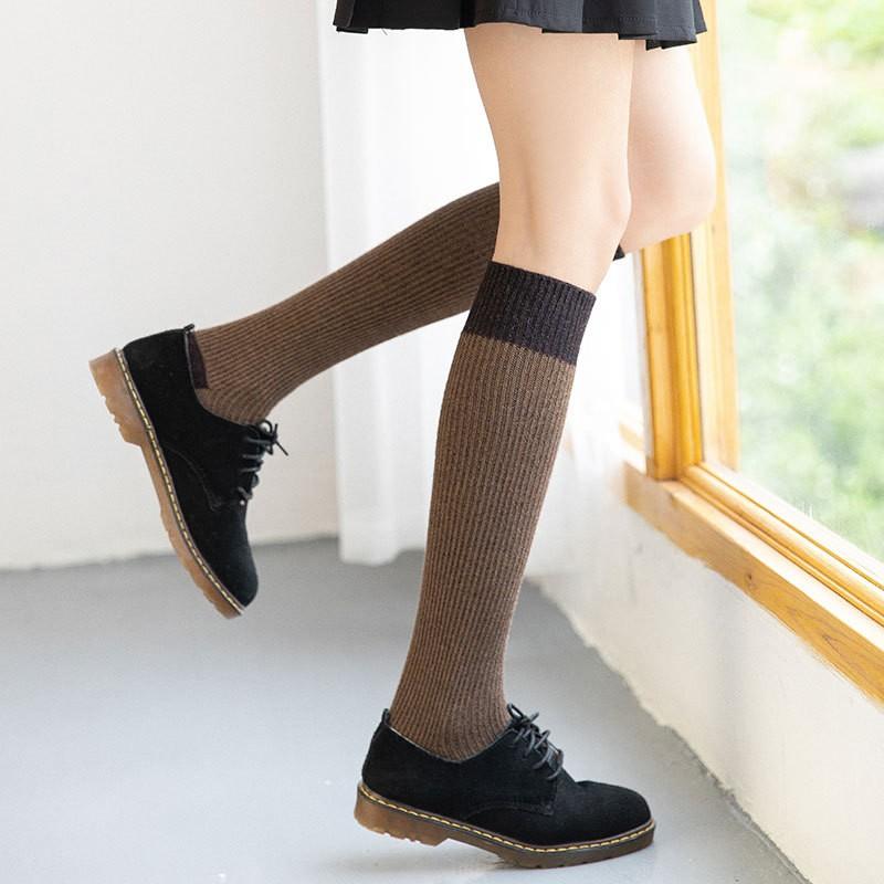 匹克企鹅秋冬袜子女日系复古羊毛中筒袜显瘦长筒小腿袜拼色学院风