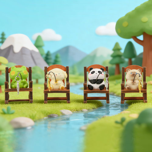 新款FOFO卡通动物摇椅钓鱼办公室工位治愈系装饰可爱熊猫家居摆件