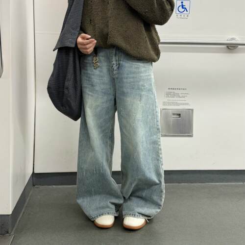 春夏美式复古水洗抓痕直筒牛仔裤