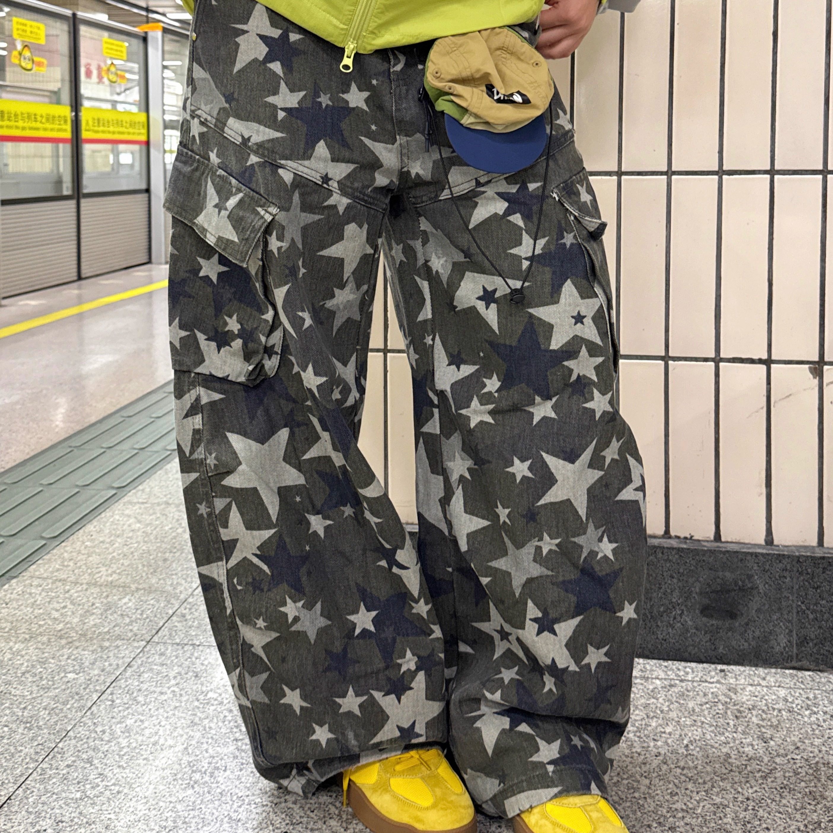 Soga alien美式复古迷彩星星做旧弯刀工装裤宽松水洗阔腿拖地裤
