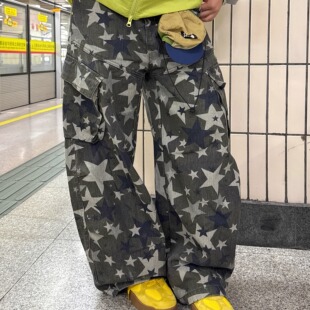 裤 Soga alien美式 复古迷彩星星工装 宽松休闲百搭水洗阔腿拖地长裤