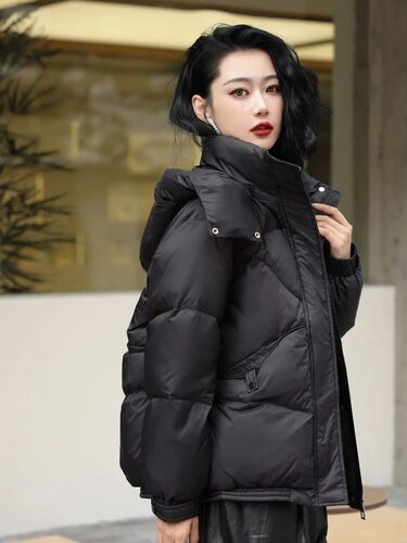 1192 2026冬短款90白鸭绒羽绒韩版宽松保暖外套妈妈加厚连帽新款